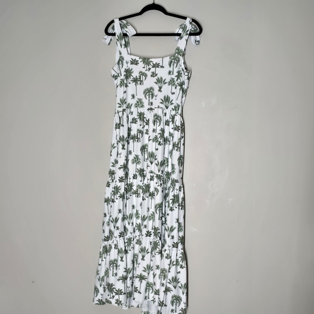 Smith & Quinn Palm Tree Print Tie-Shoulder Tiered Maxi Dress L